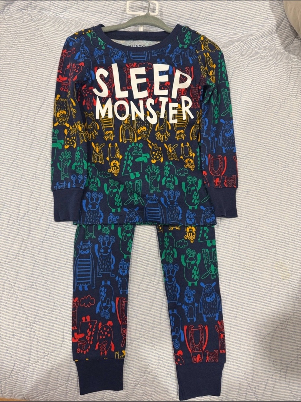 Old Navy Navy 'SLEEP MONSTER' Kids Pajama Set with Multicolor Monster Prints